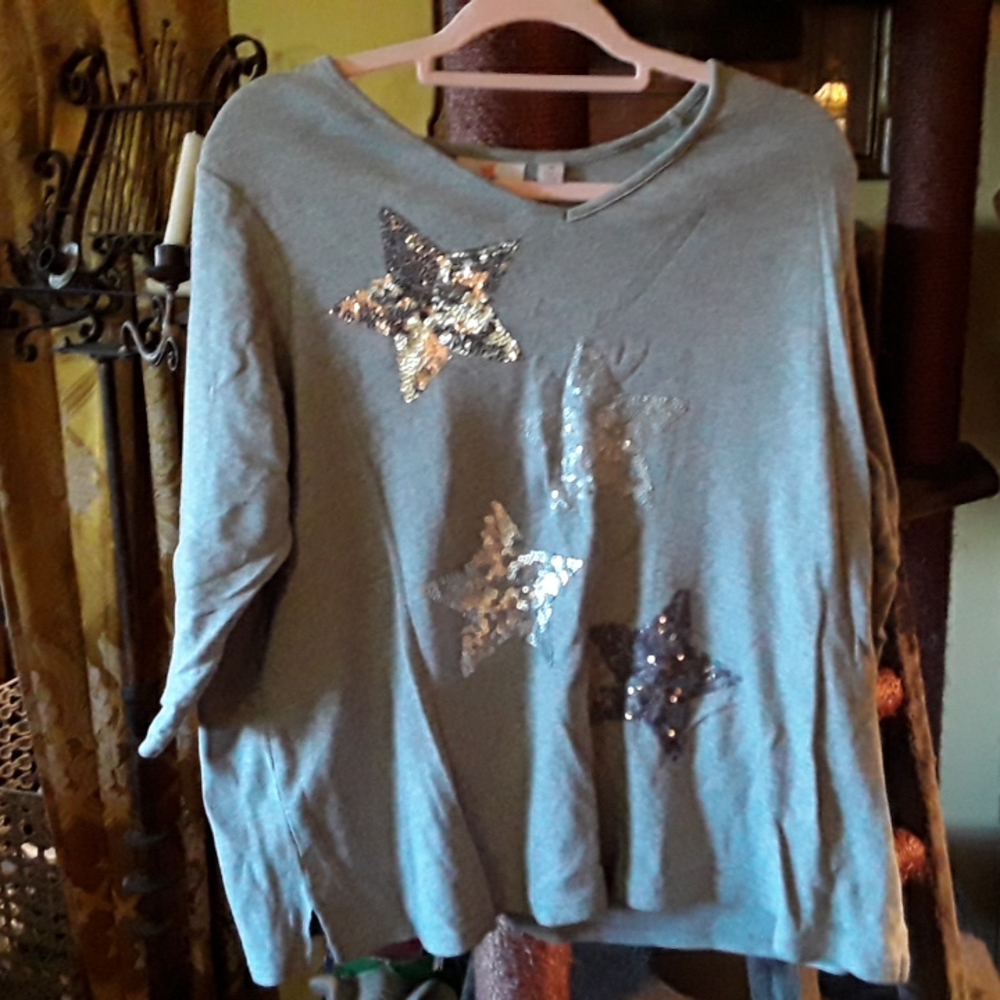 Quackery Factory star sequins sweater cotton gray soft 1X